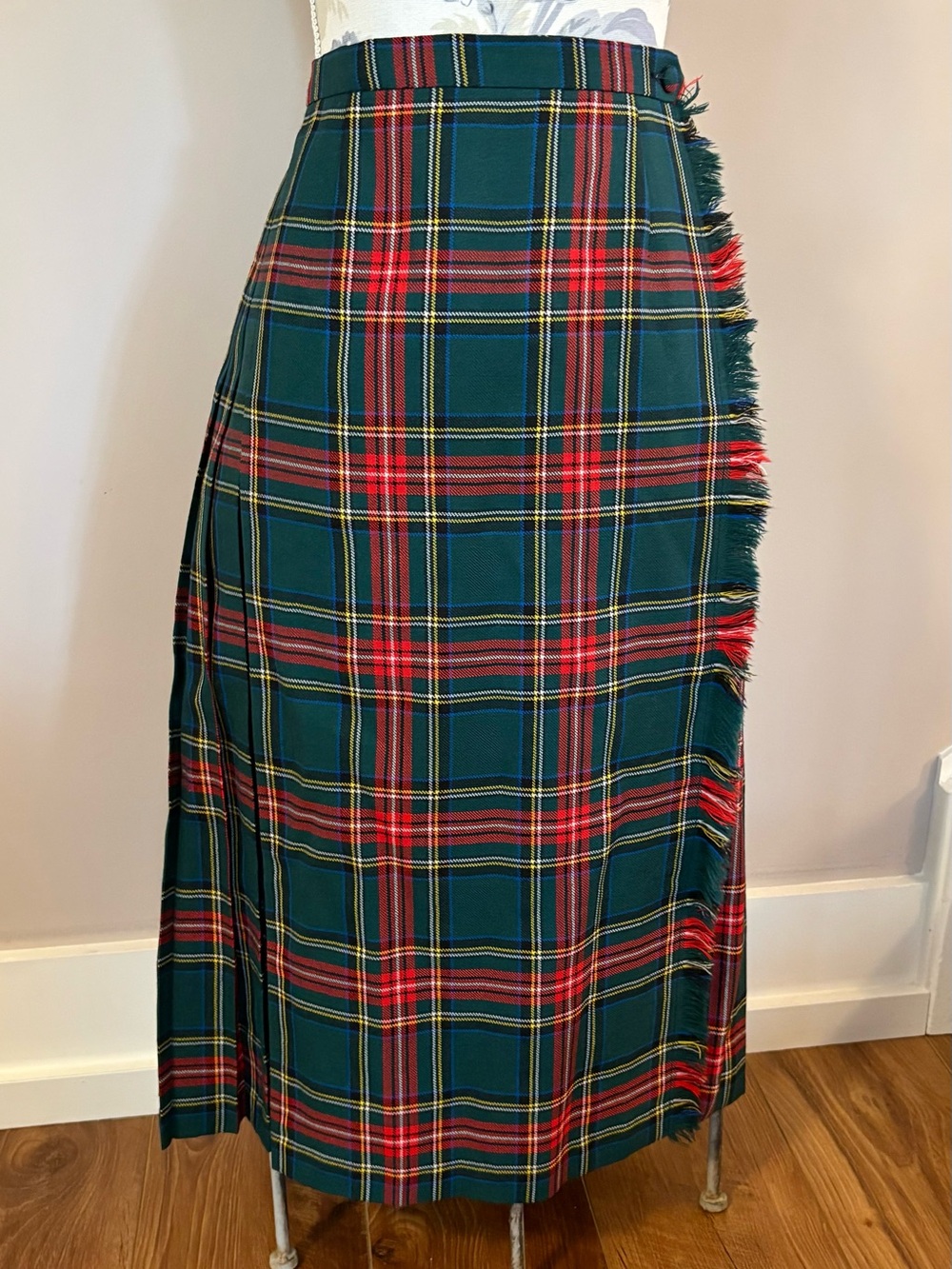Green Plaid Wrap Skirt with Fringe Detail